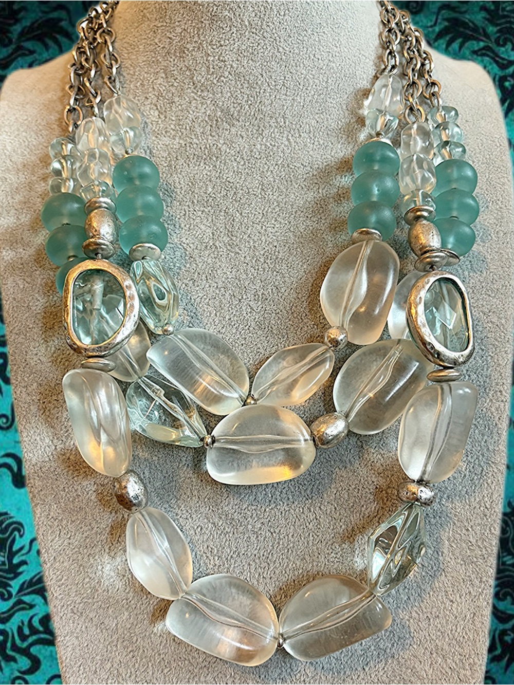 Chicos Frosted Blue & White Beaded Multi Strand Necklace